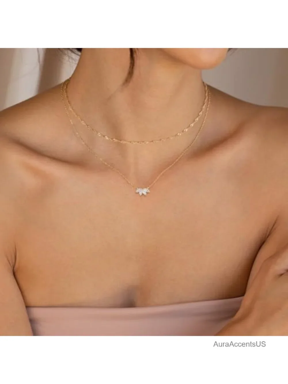 14k Gold Plated Layered CZ Necklace Women Dainty Chain